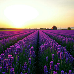  "Lavender Field at Sunset with Rustic Farmhouse"