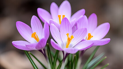 Fototapeta premium close up of vibrant purple crocus flowers with bright yellow stamens