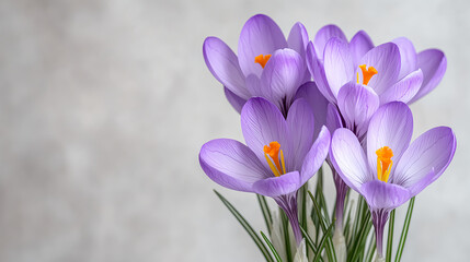 close up of purple crocus flowers with vibrant orange stamens