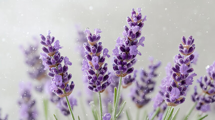 Fototapeta premium close up of purple lavender flowers with dew drops glistening in light