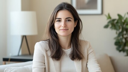 Obraz premium Young woman with brown hair sitting in a bright room, dressed in formal attire, smiling confidently at the camera, professional and approachable atmosphere