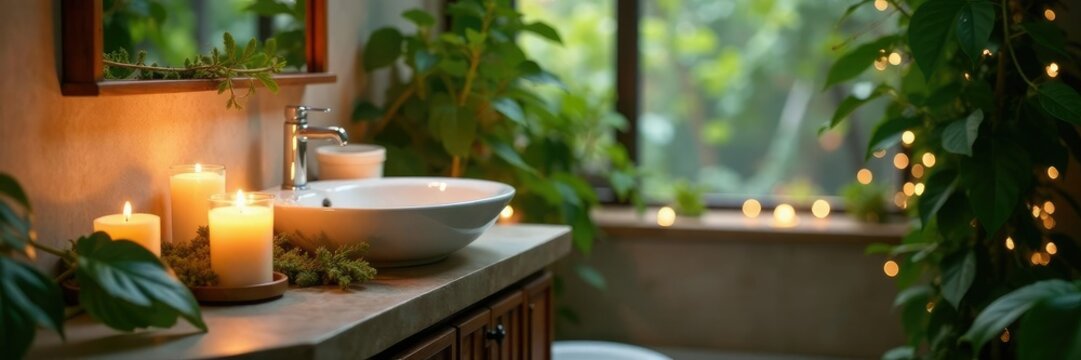 Lush greenery and candles create a soothing ambiance in a bathroom, tranquility, festive