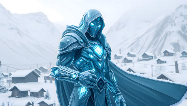 Cyber Sentinel of the Frozen Realm- ICE warrior in a ice village
