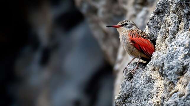 Wallcreeper clinging to a rugged rock face its crimson wings spread slightly blending into the shadows of the cliffs