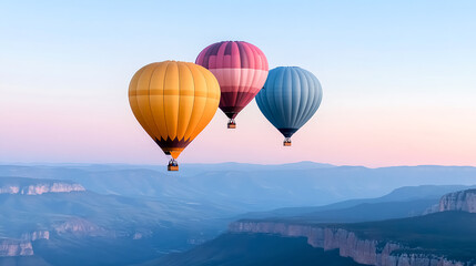 Fototapeta premium Colorful hot air balloons floating above scenic landscape at sunrise