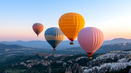 Fototapeta premium group of colorful hot air balloons drifting above scenic landscape at sunset