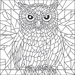 Obraz premium Intricate black and white owl illustration in a stained glass style, featuring geometric patterns and detailed line work for a coloring page or decorative design