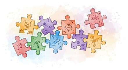 Naklejka premium Colorful Illustrated Jigsaw Puzzle Pieces on Soft Watercolor Background Symbolizing Creativity and Problem Solving - This vibrant watercolor cartoon features jigsaw puzzle pieces adorned with symbols.