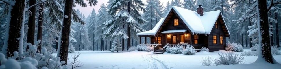 Snowy woods surrounding a peaceful suburban cottage, wildlife, woods, forest