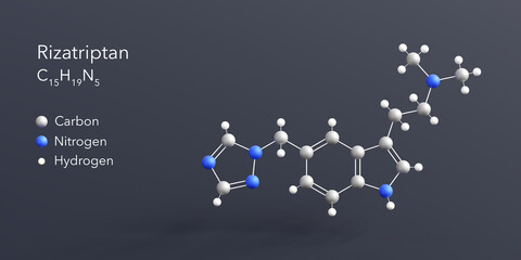 rizatriptan molecule 3d rendering, flat molecular structure with chemical formula and atoms color coding