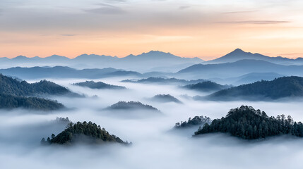 misty valley with rolling hills and mountains at sunrise creates serene landscape