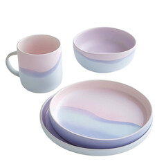 A product photo of pastel pink, blue, and purple ceramic tableware with one cup in the front, plates behind it, isolated on a transparent background, png