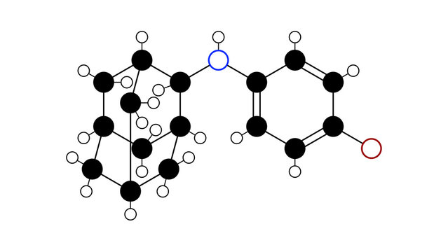 bromantane molecule, structural chemical formula, ball-and-stick model, isolated image central nervous system stimulant