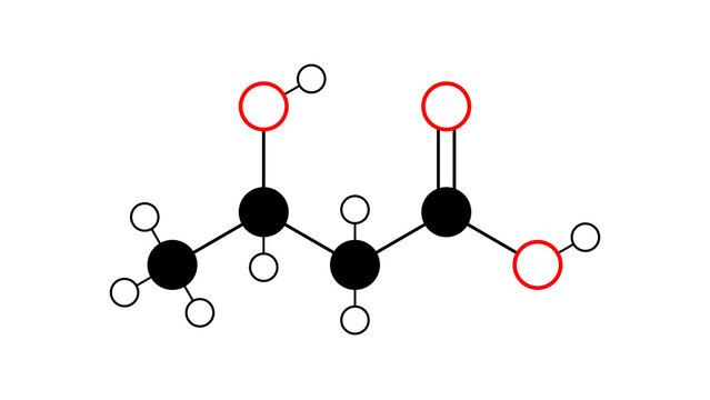 b-hydroxybutyric acid molecule, structural chemical formula, ball-and-stick model, isolated image antidepressant