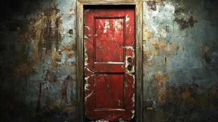 A Cracked Red Door in a Decaying Wall