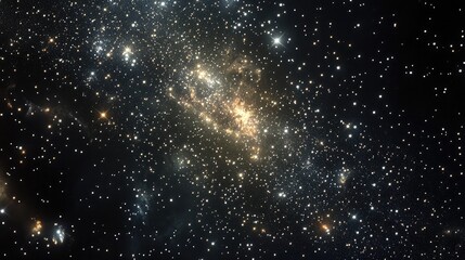 Naklejka premium A panoramic view of the Large Magellanic Cloud, highlighting its dense star clusters and nebulae against the backdrop of deep space.