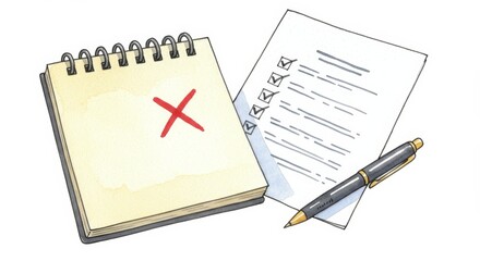 Naklejka premium Watercolor Cartoon Notepad Checklist with Pen and X Marking Issues - This watercolor cartoon features a notepad marked with an X, a checklist highlighting concerns