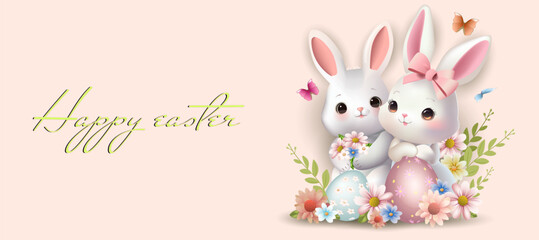 Cute little bunnies among flowers and butterflies. Happy Easter theme