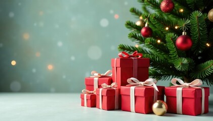 Gift boxes stacked up to the branches of a tall Christmas tree, festive, gift boxes