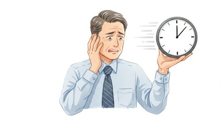 A worried man in a shirt and tie looks at a clock conveying feelings of anxiety or urgency - This watercolor cartoon depicts a man in distress as he glances at a quickly ticking clock