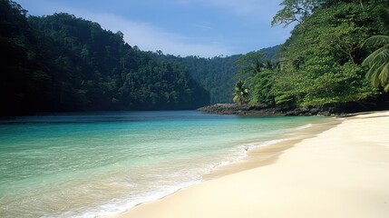 A pristine stretch of white sandy beach bordered by crystal-clear turquoise waters, with lush green palm trees swaying gently in the tropical breeze.