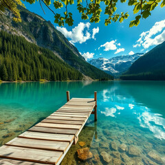 "Turquoise Mountain Lake with Wooden Dock and Forest Reflections"