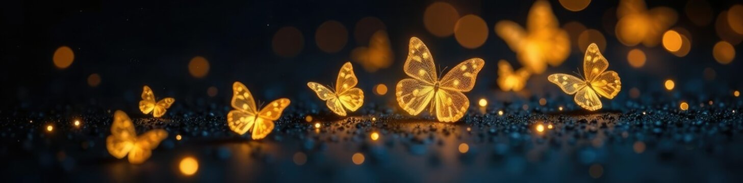 Glanzvolle goldenen Schmetterlinge auf dunklem Hintergrund verteilt, kunstwerk, dekorationsart