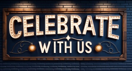 Fototapeta premium celebrate with us lettering on a signage in door background