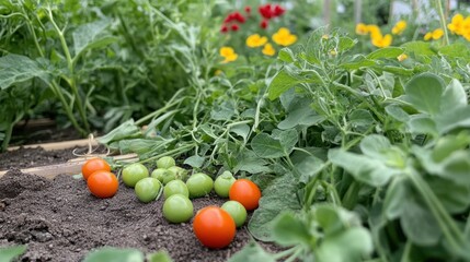 Homegrown tomatoes, green and red, on garden soil with vibrant flowers in background