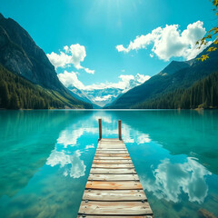 "Turquoise Mountain Lake with Wooden Dock and Forest Reflections"