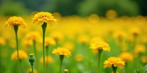 Obraz premium Tall marigold stalks with bright yellow flowers, field, marigold
