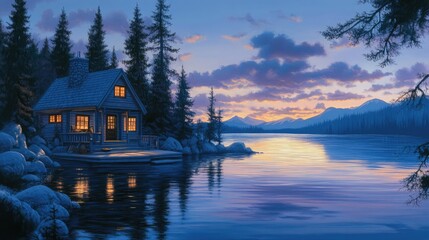 Fototapeta premium A serene anime-inspired depiction of a lakeside cabin at dusk, with calm waters reflecting the colors of the sunset and a cozy ambiance.