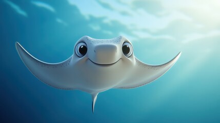 Playful high 3D cartoon stingray gliding through the water, with a light blue gradient ocean background