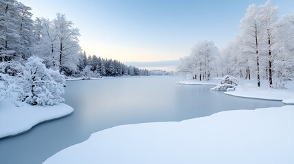 Obraz premium serene frozen lake surrounded by snow covered trees and landscape