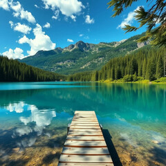 "Turquoise Mountain Lake with Wooden Dock and Forest Reflections"