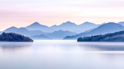 soft purple fog drifts over calm lake with distant mountains