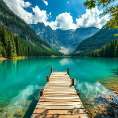 "Turquoise Mountain Lake with Wooden Dock and Forest Reflections"
