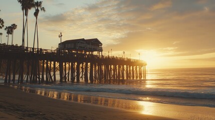 Fototapeta premium A wooden pier extending into calm ocean waters, with the sun setting in the background, casting long shadows and a golden hue over the scene.