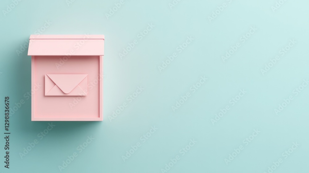 Poster aerial view of stylish pastel-colored mailbox with partially inserted letter symbolizing corresponde