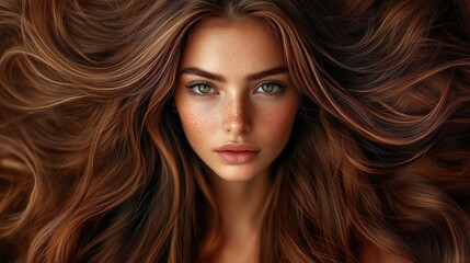 Obraz premium A portrait of a young woman with wavy brown hair and striking blue eyes, looking directly at the camera.