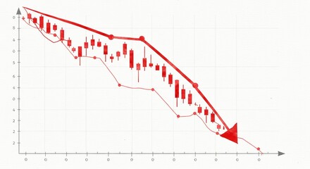 Watercolor Cartoon Depiction of Financial Decline with Red Arrows and Candlestick Patterns - This watercolor cartoon features a financial chart showing a downward trend with red arrows