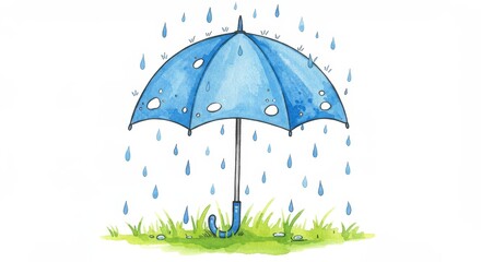 Watercolor Cartoon Illustration of a Blue Umbrella with Raindrops on Grass - A whimsical watercolor cartoon featuring a blue umbrella with holes surrounded by falling raindrops on a grassy surface sym