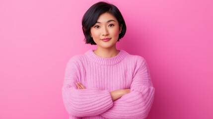 Confident woman in pink sweater against solid pink background with arms crossed