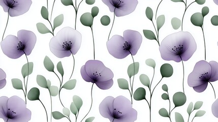 Seamless pattern of purple flowers and green leaves on white background