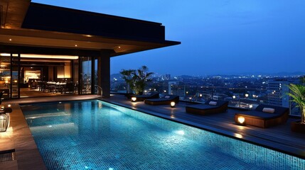 Fototapeta premium Rooftop infinity pool at luxury penthouse suite at twilight