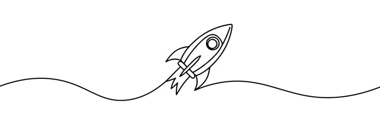 Rocket continuous one line drawing. Spaceship, rocket launch sign in simple linear style. Vector illustration.