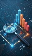 Financial analysis, magnifying glass, colorful bar charts, glowing digital circuit board, data visualization