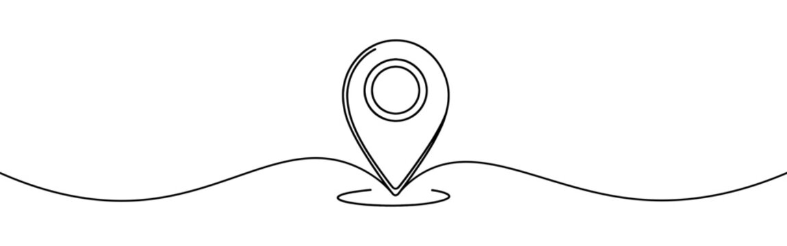 Map pin continuous one line drawing. Location, navigator, geolocation sign in simple linear style. Vector illustration.