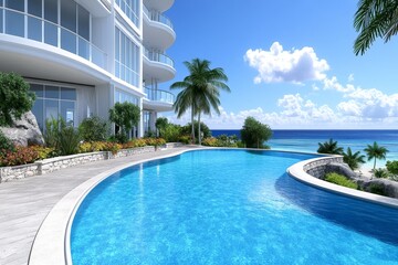 Fototapeta premium A luxurious beachfront resort with palm trees, infinity pools, and a stunning coastal view