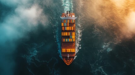 Aerial view of a container ship sailing on a misty ocean.